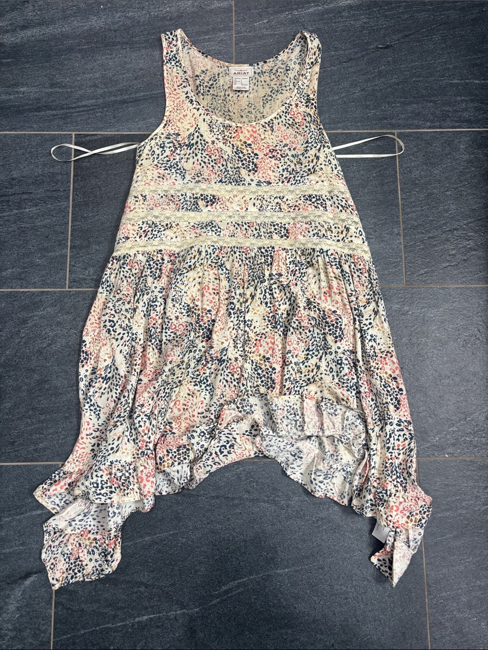 Ariat Cream “spotted” Handkerchief-Hem mini dress with Navy and Pink Accents